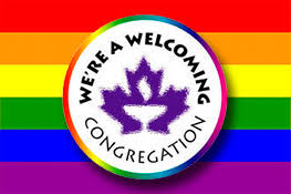 CUC Welcoming Congregation Logo on Rainbow Flag